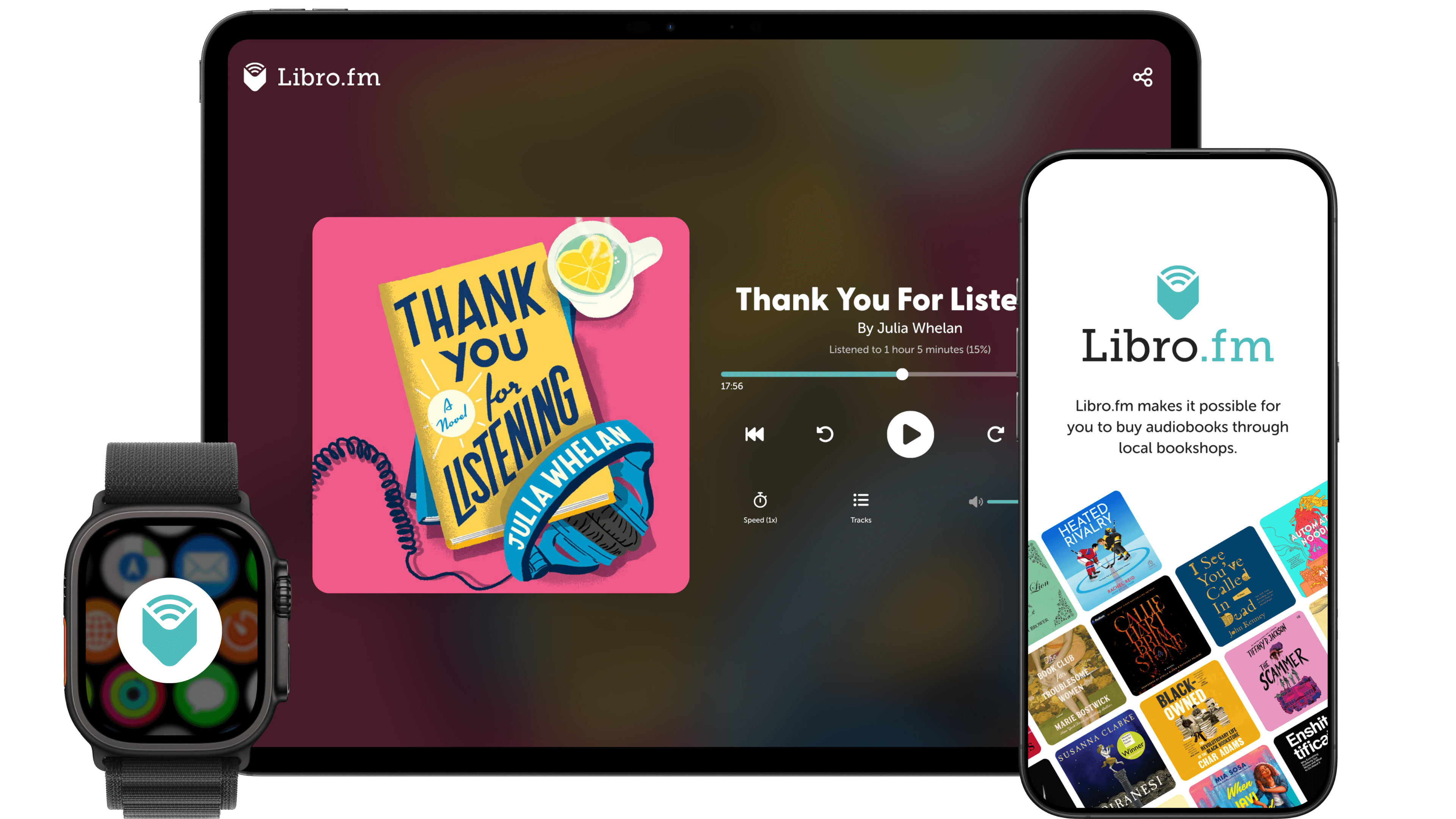 Libro.fm app in iPhone, web player and Apple Watch